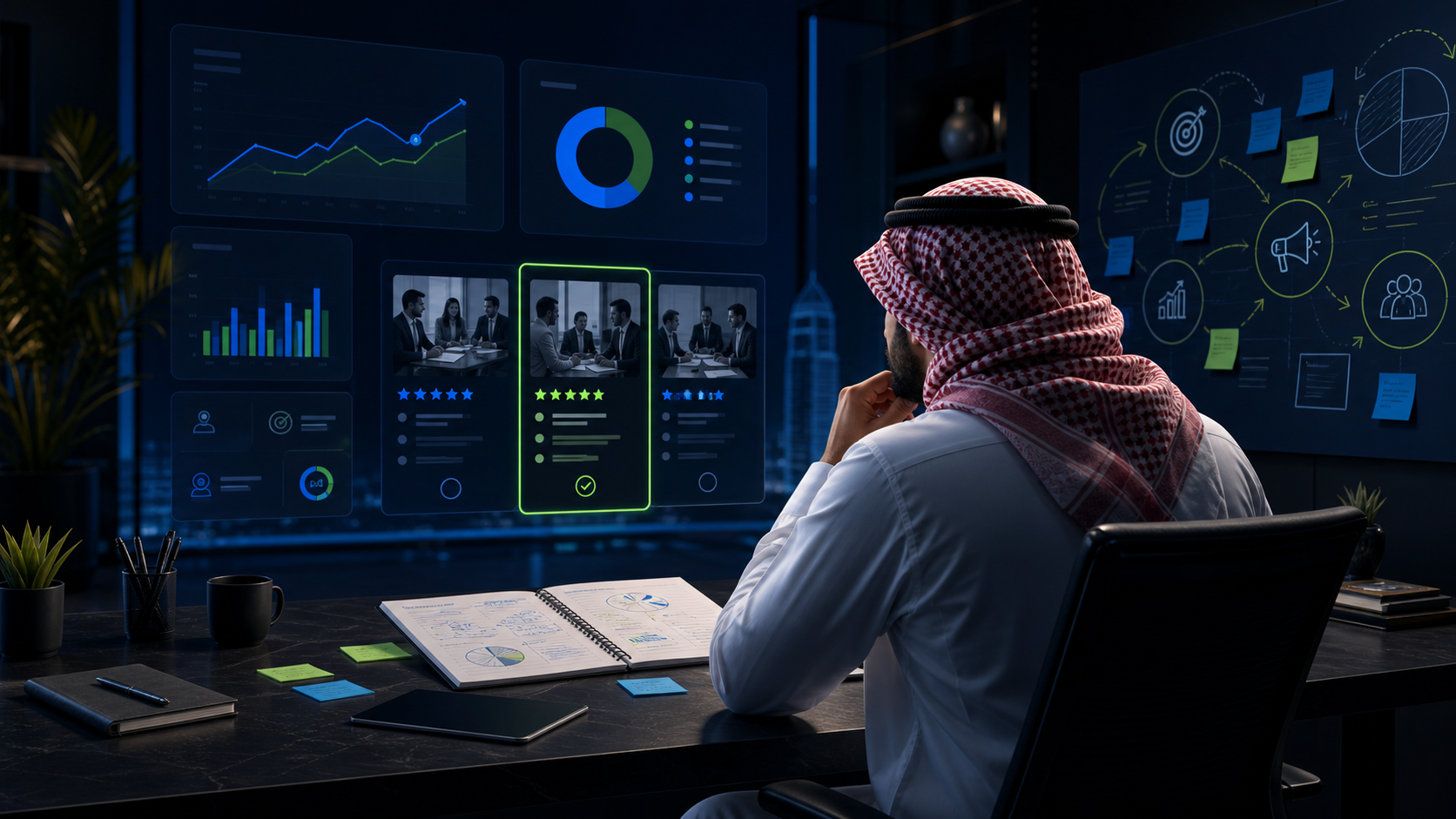 تصور بصري لصاحب شركة في الخليج يختار وكالة تسويق رقمي بناء على البيانات والاستراتيجية